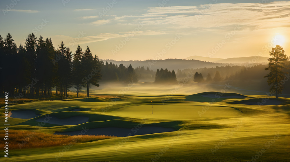 Golden sunrise on the green: A peaceful morning on the golf course - created with generative AI	