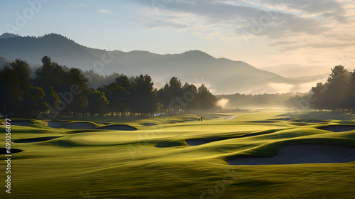 sunrise on the green at dawn: empty golf field with mountains in the background at morning under blue sky  photo