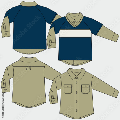 Shirts and jackets set. Fashionable unisex clothes for men and women. Trendy cotton and denim vests with buttons, pockets, long and short sleeves. Linear flat vector isolated on white background