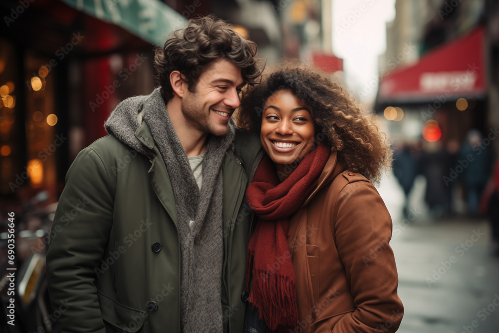 Fototapeta premium A couple of lovers walk happily and lovingly, both wearing a jacket and scarf