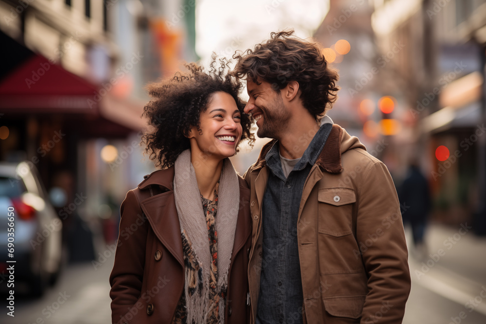 Two lovers of different races look at each other with complicity while walking on Valentine's Day Two lovers of different races look at each other with complicity while walking on Valentine's Day