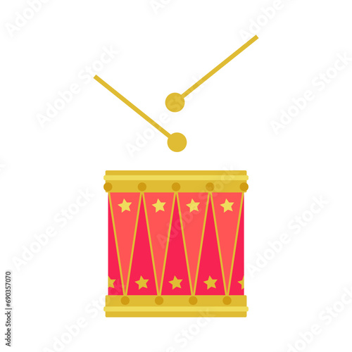 Red drum in royal style with graphic pattern and gold stars trim. Cute vector illustration on white isolated background. Side view.