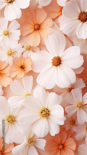 A close up of a bunch of white flowers. Monochrome peach fuzz background.