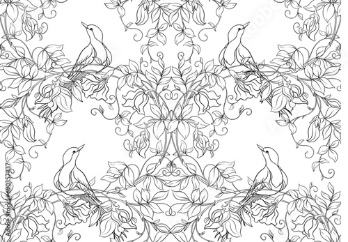 Fantasy flowers and bird, decorative flowers and leaves in art nouveau style, vintage, old, retro style. Seamless pattern, background. Vector illustration. Outline hand drawing vector illustration.