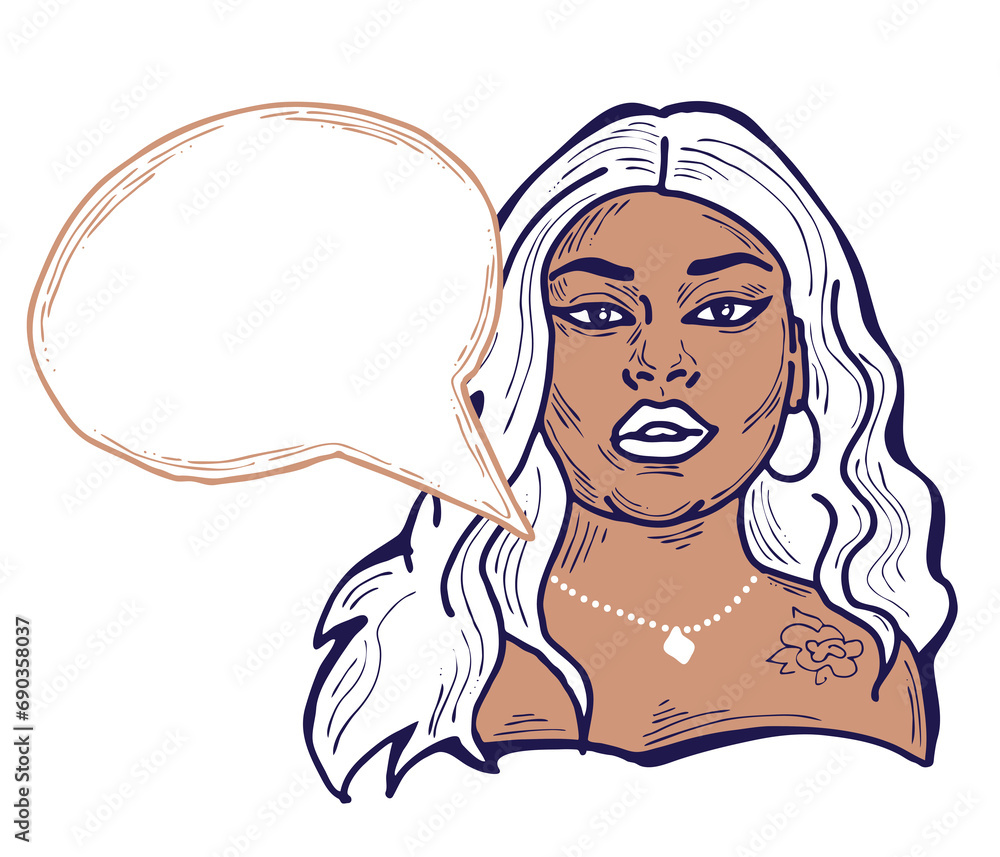 Beautiful young woman talk. Empty speech bubble for sale promotion, text background, quotes. Hand drawn illustration, cartoon comic style. Beautiful young woman talk. Empty speech bubble for sale promotion, text background, quotes. Hand drawn illustration, cartoon comic style.