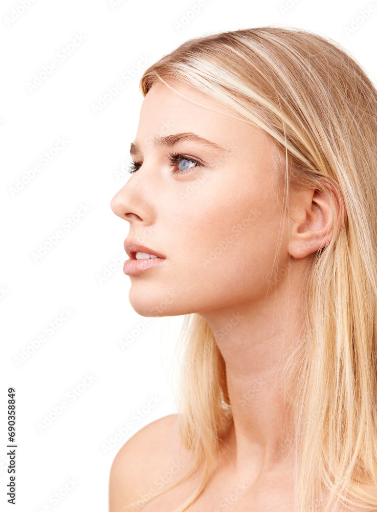 Woman, face or makeup with thinking for skincare, cosmetics or facial treatment in studio or mock up space. Person, natural and confidence or pride with hair care, keratin or glow on white background Woman, face or makeup with thinking for skincare, cosmetics or facial treatment in studio or mock up space. Person, natural and confidence or pride with hair care, keratin or glow on white background