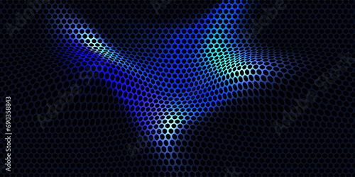 Dark hexagon abstract technology background with blue and pink colored bright flashes under hexagon. Hexagonal gaming vector abstract tech background. vector