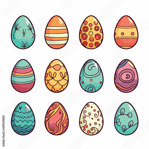 9 easter eggs flat vector illustration. 9 easter eggs hand drawing isolated vector illustration
