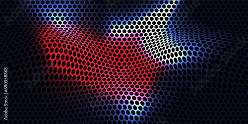 Dark hexagon abstract technology background with blue and pink colored bright flashes under hexagon. Hexagonal gaming vector abstract tech background. vector hexagon