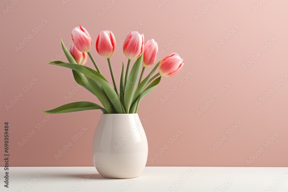 white vase with pink tulips - obrazy, fototapety, plakaty 