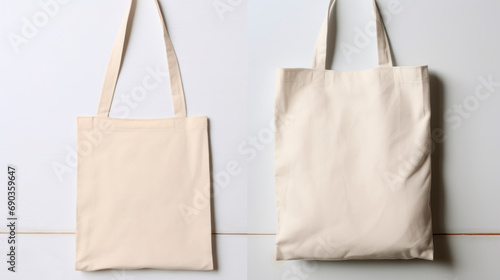 Mock-up of two empty reusable rectangular canvas bags. Eco-friendly shopping bag made of natural material on light background. Layout for presentation of design or brand. Close-up. Copy space.