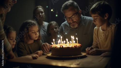 a man and children around a cake with lit candles