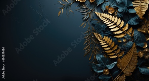 a blue background with gold leaves and ferns