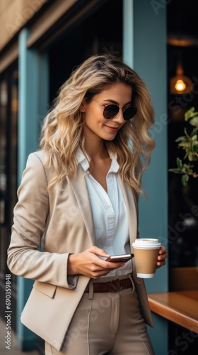 A businesswoman looking at her phone while standing in line at a coffee shop