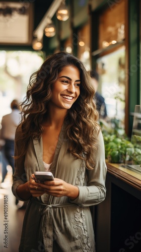 A businesswoman looking at her phone while standing in line at a coffee shop