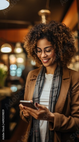 A businesswoman looking at her phone while standing in line at a coffee shop