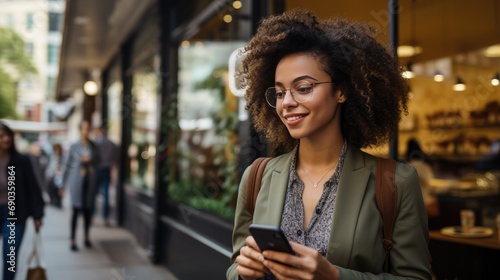 A businesswoman looking at her phone while standing in line at a coffee shop