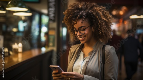 A businesswoman looking at her phone while standing in line at a coffee shop