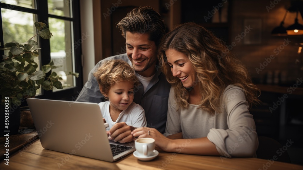 A family sitting at their kitchen table, using a laptop A family sitting at their kitchen table, using a laptop