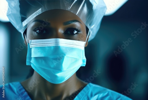 a female surgeon wearing a blue face mask,