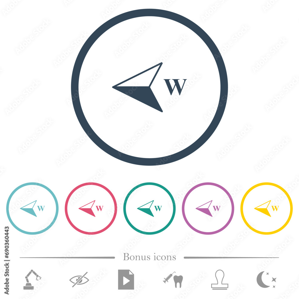 West compass direction flat color icons in round outlines West compass direction flat color icons in round outlines