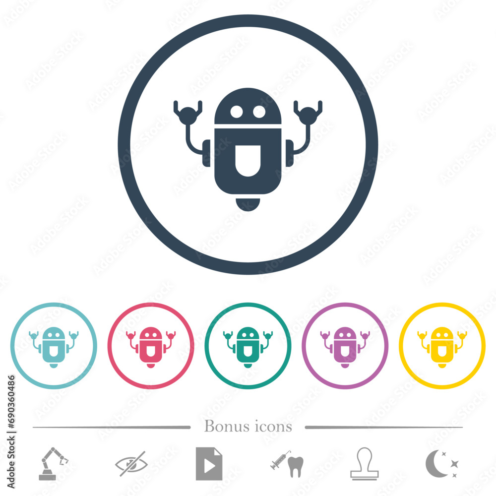 Rolling robot flat color icons in round outlines