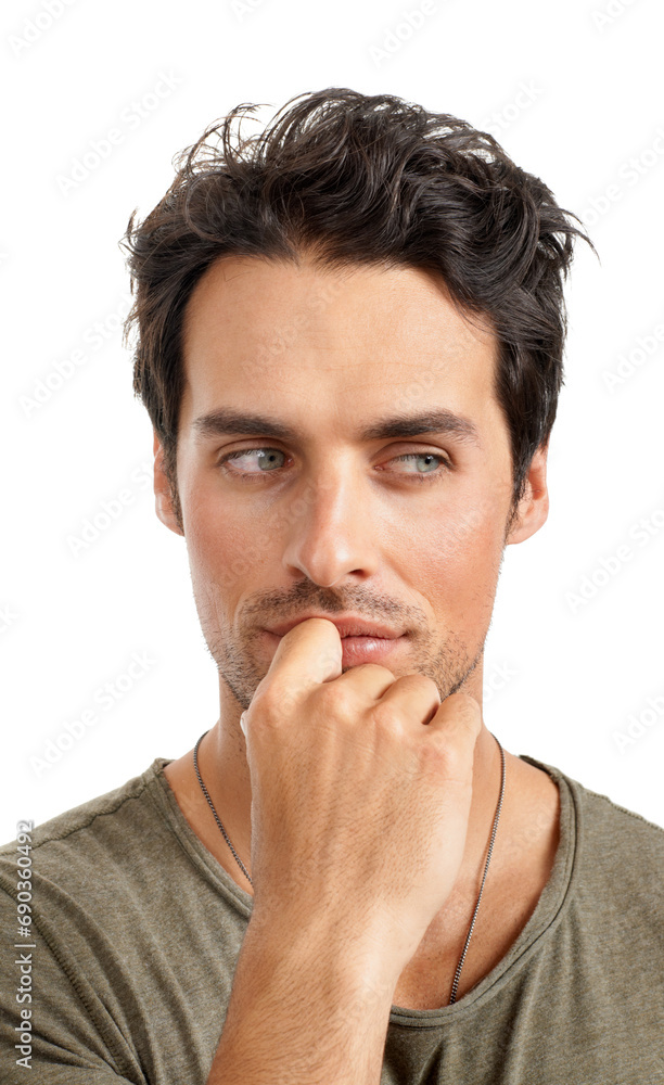 Thinking, ideas and young man in a studio for choice, decision or options facial expression. Planning, question and male person with brainstorming or dreaming face isolated by white background.