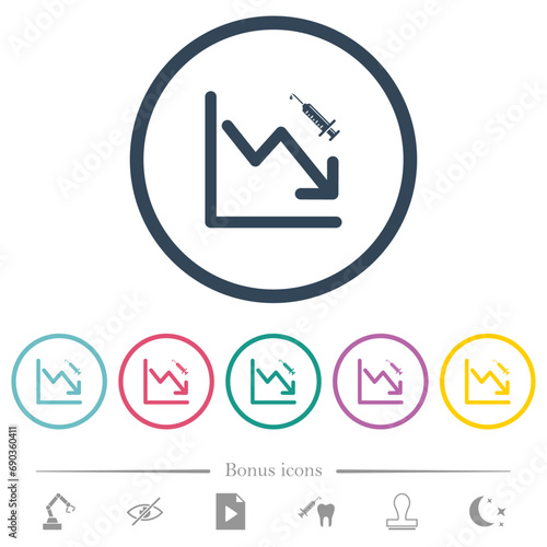 Falling vaccination graph flat color icons in round outlines