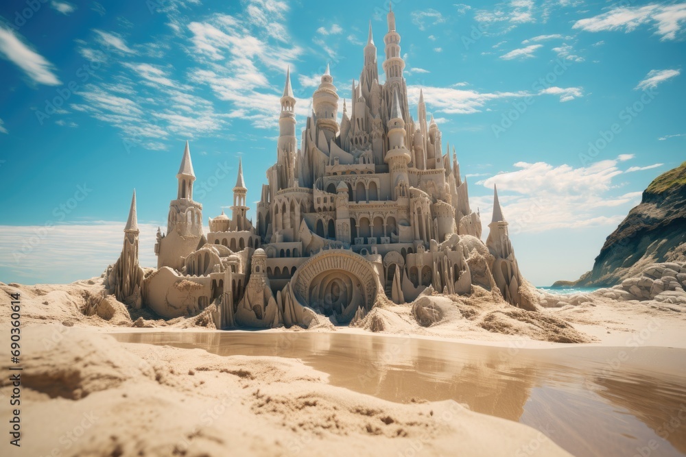 a sand castle is sitting on a beach a sand castle is sitting on a beach