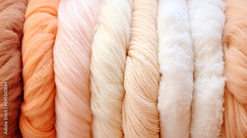 A close up of a bunch of yarn. Monochrome peach fuzz background.