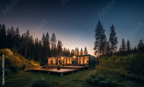 modular container house with glazing in the forest, secluded compact house. photo