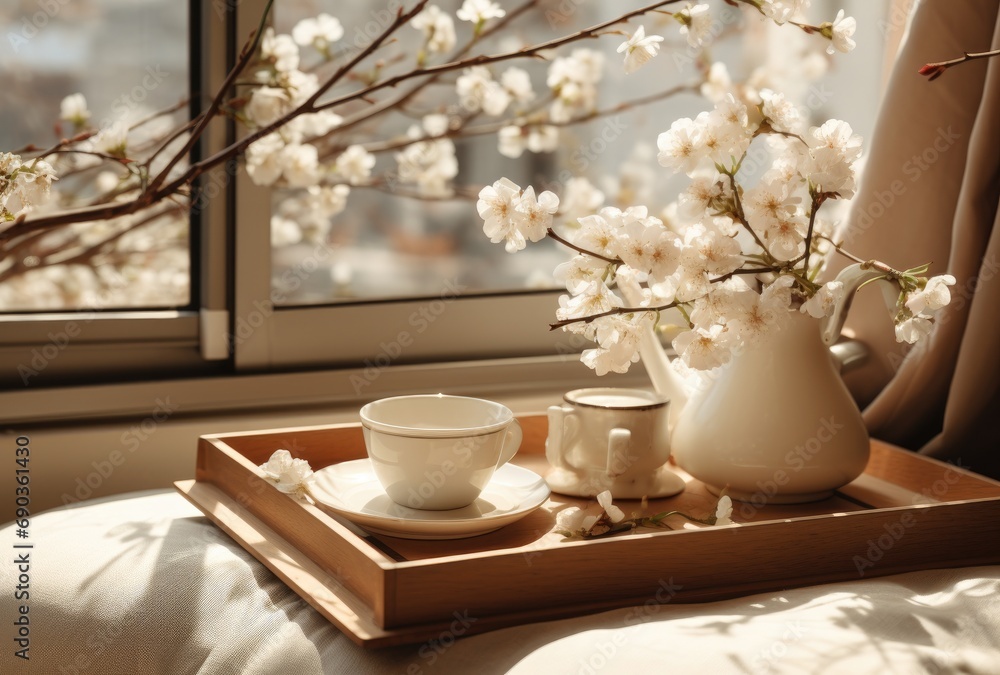 a tray with coffee and flowers on a window sill