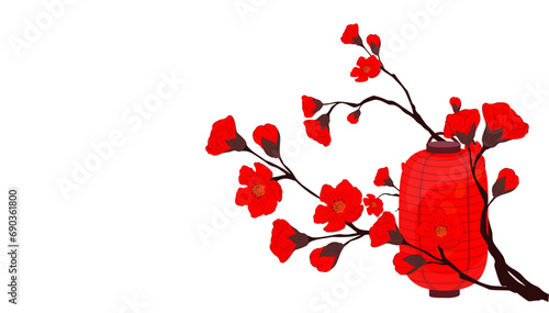 Happy lantern festival banner with lantern. Vector illustration for posters, flyers, greeting cards, banner, invitation. A branch with pink flower buds. Isolated on a white background. 