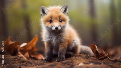 A baby fox sitting on the ground in the woods © Maria Starus