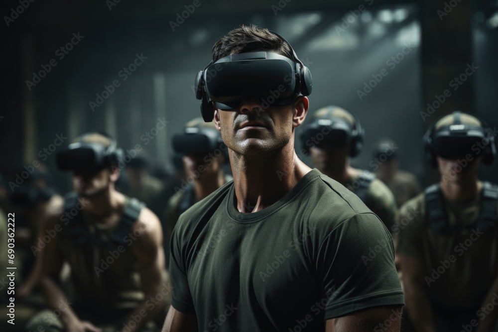 Innovative Learning Experience: A man, with focused intent, utilizes virtual glasses to undergo an immersive and forward-thinking training session on a simulator Innovative Learning Experience: A man, with focused intent, utilizes virtual glasses to undergo an immersive and forward-thinking training session on a simulator