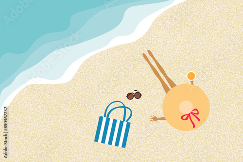 Woman sunbathing on the beach. Relax on seaside sand beach. Top view. Cartoon flat style.