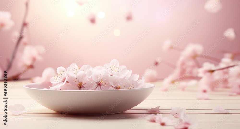 a white bowl surrounded by cherry blossoms a white bowl surrounded by cherry blossoms