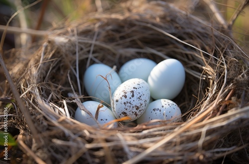 a white bird hen nest has 2 eggs with feathers in it