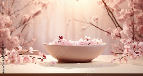 a white bowl surrounded by cherry blossoms