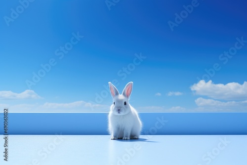 a white rabbit is looking over the box of blue behind him
