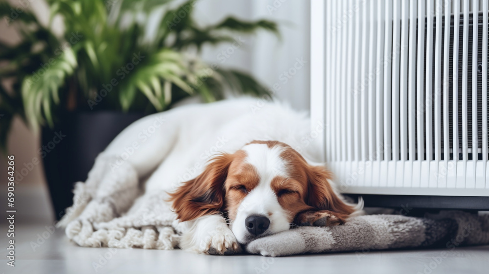 dog sleeps near a white radiator in the living room created with Generative Ai