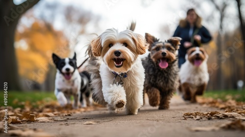 A pack of dogs sprinting along a trail.