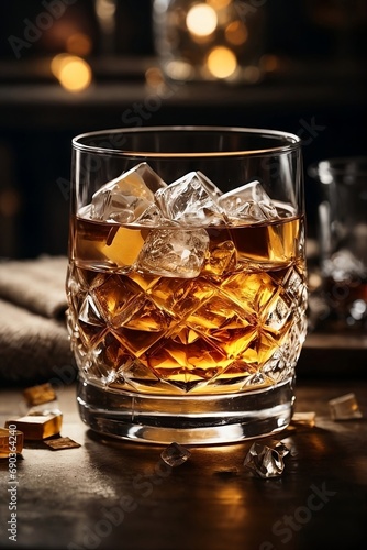 A classic tumbler holding a generous pour of whisky, surrounded by shards of ice.