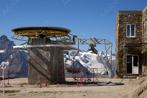 The upper station of the cable car on a rocky peak of the Dombai mountains. Dombai. Autumn.