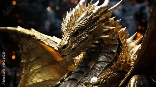 Detailed close up of dragon statue in gold. © OnurGD