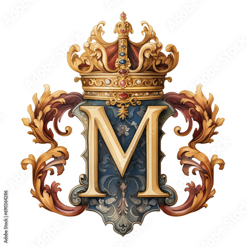 Letter M and Gold Crown - monogram font typeface - isolated - renaissance rococo baroque style - PNG with transparent background
