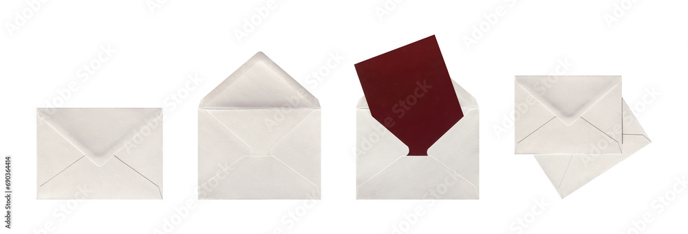 Set of gray paper envelopes isolated. Gray paper blank envelope with dark red or burgundy card. PNG with transparent background. Clipping path. Copy space. Flat lay. Top view Set of gray paper envelopes isolated. Gray paper blank envelope with dark red or burgundy card. PNG with transparent background. Clipping path. Copy space. Flat lay. Top view