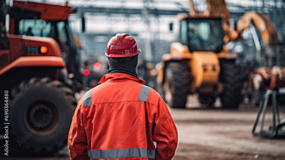 A man in an orange jacket and hard hat stands in front of construction equipment. A man in an orange jacket and hard hat stands in front of construction equipment.