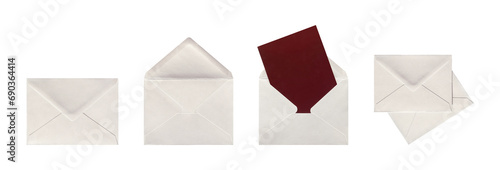 Set of gray paper envelopes isolated. Gray paper blank envelope with dark red or burgundy card. PNG with transparent background. Clipping path. Copy space. Flat lay. Top view