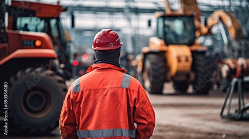 A man in an orange jacket and hard hat stands in front of construction equipment.